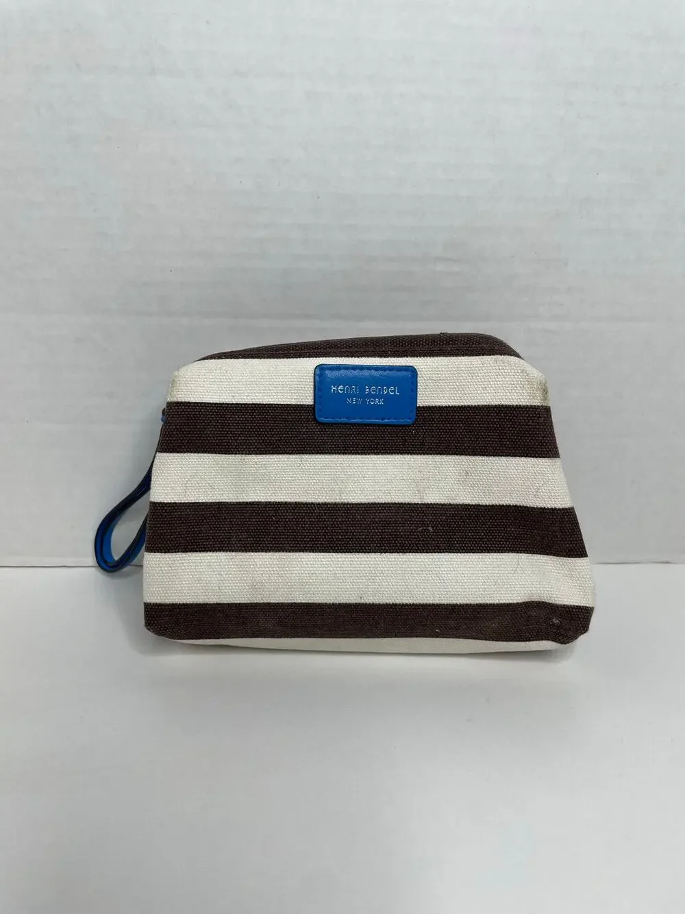 Henri Bendel Cosmetic Bag Brown White Stripe Blue Strap